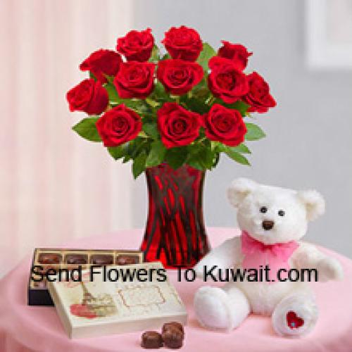 12 Hermosas Rosas Rojas con Peluche y Chocolates