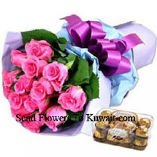 12 Rosas rosadas con deliciosos 16 Pcs Ferrero Rochers