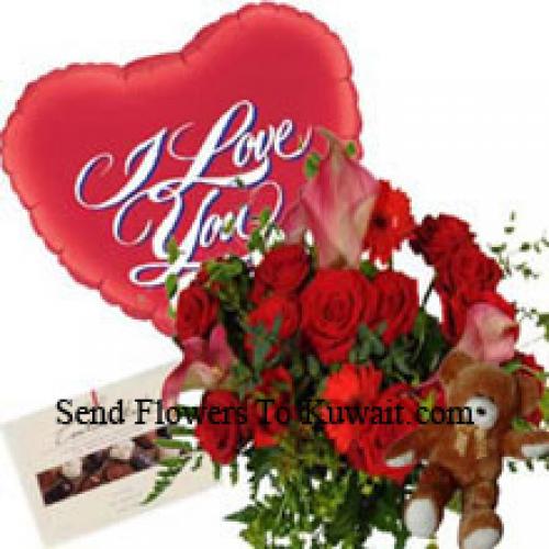 Roses and Gerberas with Balloon, Chocolate and Teddy