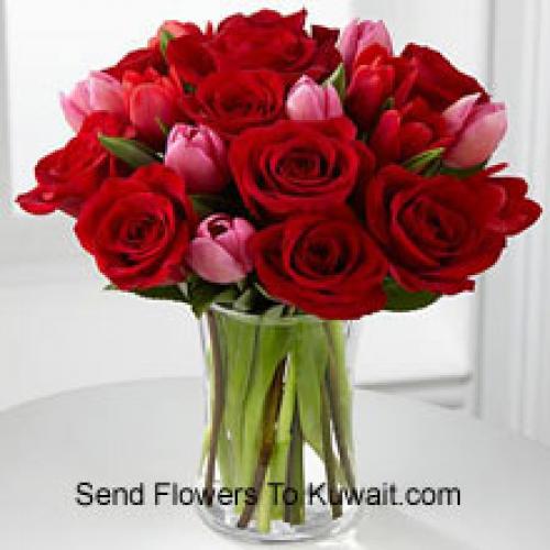 12 Roses and 6 Cute Tulips in Vase