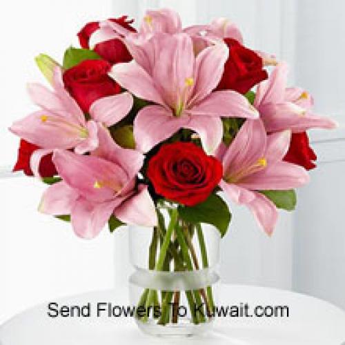 Pink Lilies and Cute Red Roses