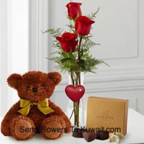 3 Rosas Rojas con Peluche y Chocolates