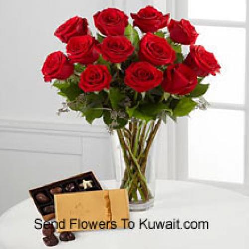 12 Rosas Rojas con deliciosos chocolates Godiva