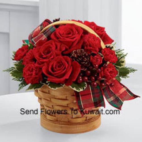 Wooden Basket of Roses and Carnations with Assorted Flowers